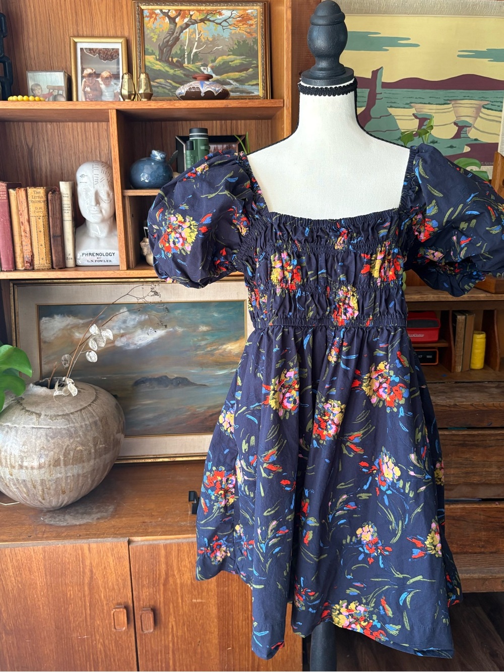 Coastal Cowgirl Boho Fit n Flare Puff Sleeve Cotton Poplin Dress M